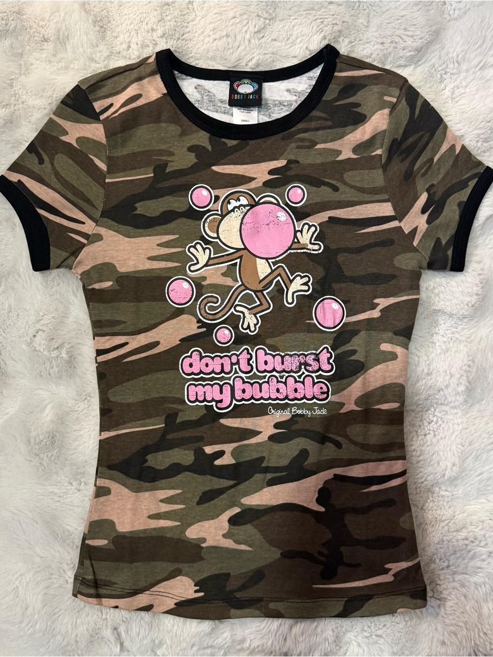 Bobby Jack Camo Ringer Tee “Don’t Burst My Bubble” Graphic Top